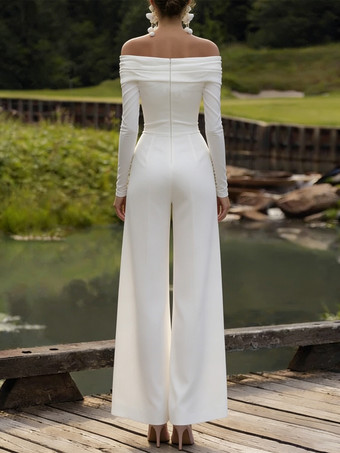 ブライダルジャンプスーツ ストレッチクレープ プリーツ アンクル丈 ジャンプスーツ バトーネック 長袖 ナチュラルウエスト ホワイト