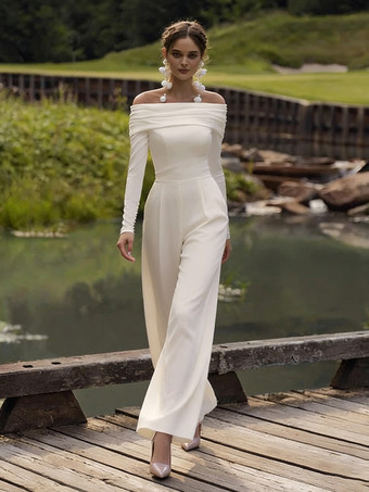 アイボリーブライダルジャンプスーツ ストレッチクレープ プリーツ アンクル丈 ジャンプスーツ バトーネック 長袖 ナチュラルウエスト ホワイト