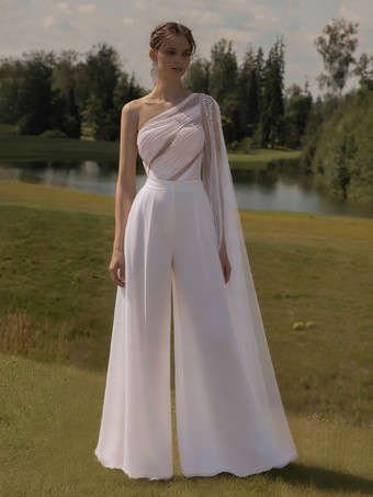 ホワイトブライダルジャンプスーツ チュール プリーツ フロアレングス ジャンプスーツ デザインネックライン ノースリーブ ナチュラルウエスト アイボリー