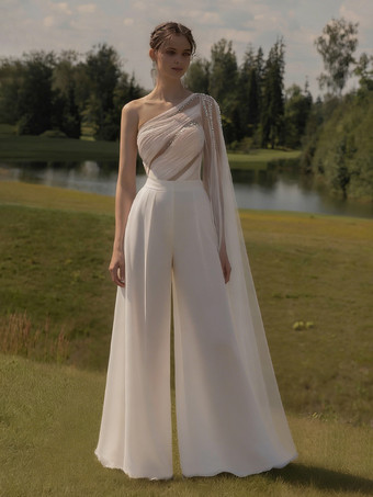 アイボリーブライダルジャンプスーツ チュール プリーツ フロアレングス ジャンプスーツ デザインネックライン ノースリーブ ナチュラルウエスト アイボリー