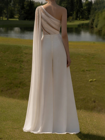 ブライダルジャンプスーツ チュール プリーツ フロアレングス ジャンプスーツ デザインネックライン ノースリーブ ナチュラルウエスト アイボリー