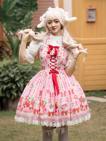 ピンクスイートロリータドレス ポリエステル ノースリーブ スイートジャンパー ロリータドレス