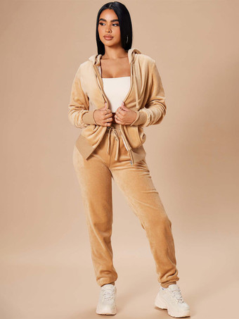 シャンパンカラーベロア ジップアップ スリムフィット パーカー ジョガーセット レディース 2025