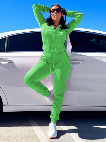 グリーン ベロア ジップアップ スリムフィット パーカー ジョガーセット レディース 2025