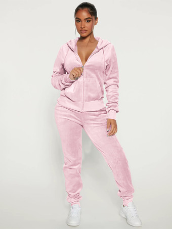 ピンクベロア ジップアップ スリムフィット パーカー ジョガーセット レディース 2025