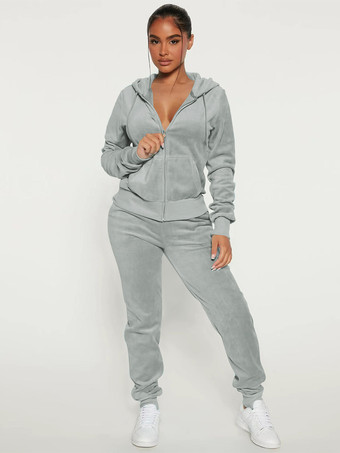 ライトグレー ベロア ジップアップ スリムフィット パーカー ジョガーセット レディース 2025