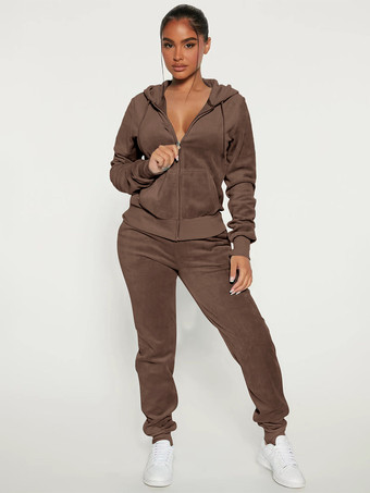 ブラウンベロア ジップアップ スリムフィット パーカー ジョガーセット レディース 2025