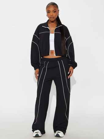ブラック パイピングトリム ジップアップ クロップ トラックスーツ（レディース ワイドレッグ）2025