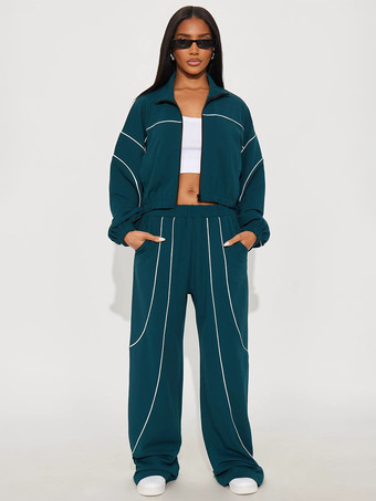 ダークネイビーパイピングトリム ジップアップ クロップ トラックスーツ（レディース ワイドレッグ）2025