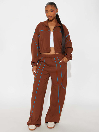 ディープブラウンパイピングトリム ジップアップ クロップ トラックスーツ（レディース ワイドレッグ）2025