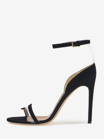 ブラック アンクルストラップサンダル スエード オープントゥ ハイヒール ドレスシューズ