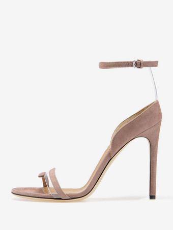 ディープアプリコットアンクルストラップサンダル スエード オープントゥ ハイヒール ドレスシューズ