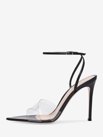 ブラック ヌードハイヒールサンダル オープントゥ 透明スティレットヒール ドレスシューズ