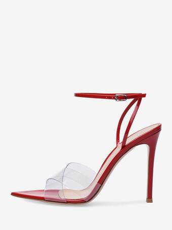 レッド ヌードハイヒールサンダル オープントゥ 透明スティレットヒール ドレスシューズ