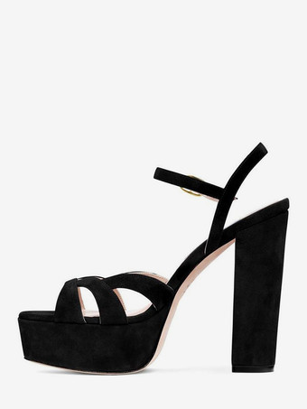 ブラック レディース ハイヒール サンダル プラットフォーム チャンキーヒール アンクルストラップ サンダル