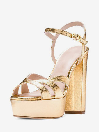 ゴールド レディース ハイヒール サンダル プラットフォーム チャンキーヒール アンクルストラップ サンダル