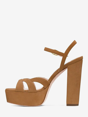 ブラウン レディース ハイヒール サンダル プラットフォーム チャンキーヒール アンクルストラップ サンダル
