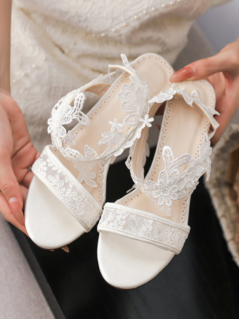アイボリーウェディングシューズ レース オープントゥ チャンキーヒール ブライダルシューズ