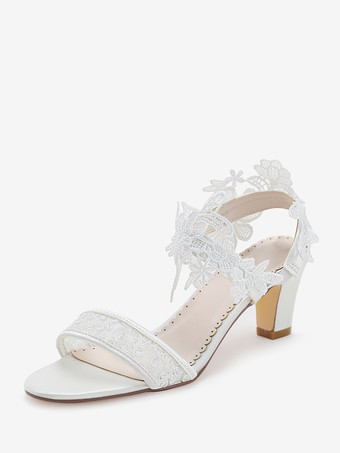 アイボリー アイボリーウェディングシューズ レース オープントゥ チャンキーヒール ブライダルシューズ