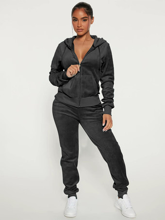 ブラック ベロア ジップアップ スリムフィット パーカー ジョガーセット レディース 2025