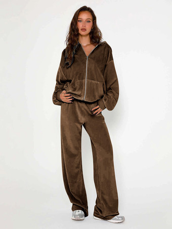 ブラウンベロアワイドレッグカジュアルフィットトラックスーツ（レディース）2025