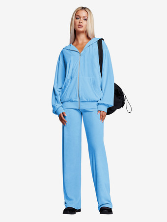 ライトスカイブルーベロアワイドレッグカジュアルフィットトラックスーツ（レディース）2025