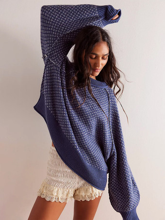 パープル 2025年レディース向け幾何学模様ニットプルオーバーセーター