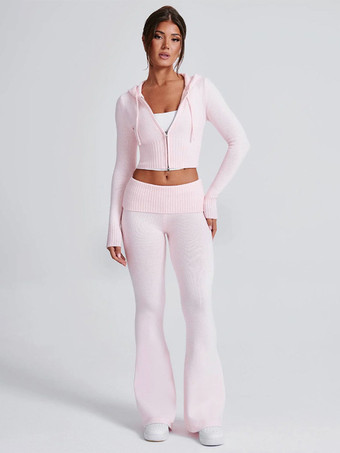 ライトピンクニットクロップドジップアップパーカーとフレアパンツのツーピースコーデセット（レディース 2025年）