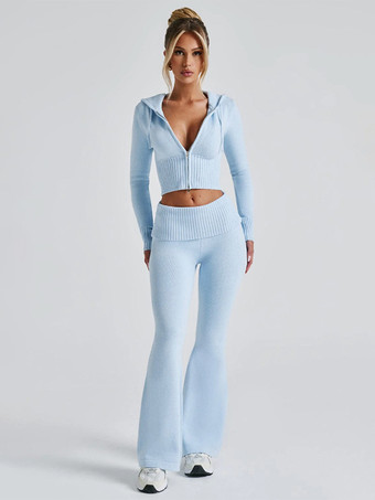 ライトスカイブルーニットクロップドジップアップパーカーとフレアパンツのツーピースコーデセット（レディース 2025年）