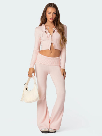 ピンクニットクロップドジップアップパーカーとフレアパンツのツーピースコーデセット（レディース 2025年）