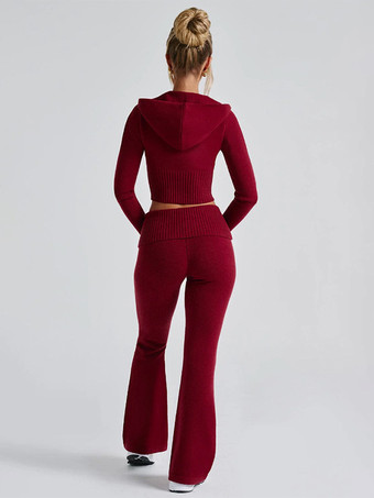 ニットクロップドジップアップパーカーとフレアパンツのツーピースコーデセット（レディース 2025年）