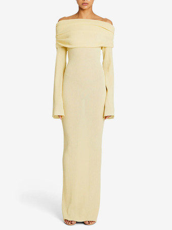 ベージュフレアスリーブのマキシオフショルダーニットワンピース（レディース）2025