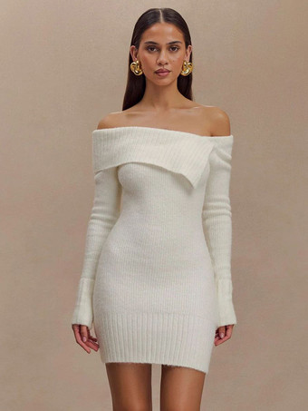ホワイト オフショルダーニットミニドレス（レディース）2025