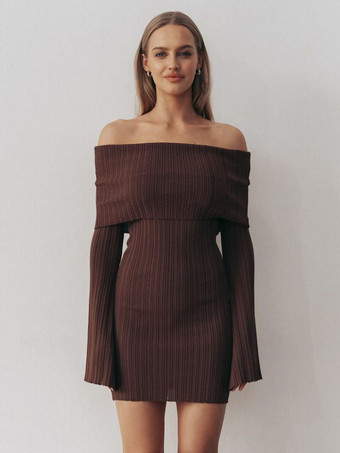 ブラウンリブニット オフショルダー ボディコン ミニドレス（レディース 2025）