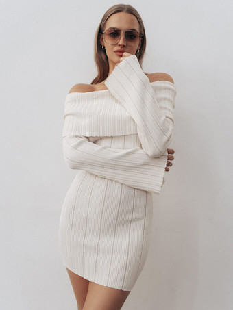 ホワイト リブニット オフショルダー ボディコン ミニドレス（レディース 2025）