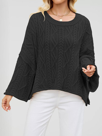 ブラック オーバーサイズケーブルニットドロップショルダーセーター（レディース）2025