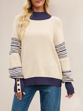 アプリコットモックネックニットセーター ストライププリント 袖ボタン レディース 2025