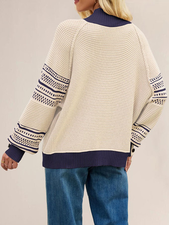 モックネックニットセーター ストライププリント 袖ボタン レディース 2025