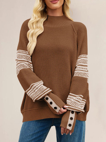 モックネックニットセーター ストライププリント 袖ボタン レディース 2025