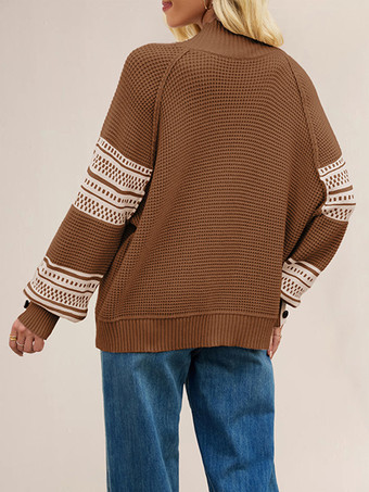 モックネックニットセーター ストライププリント 袖ボタン レディース 2025