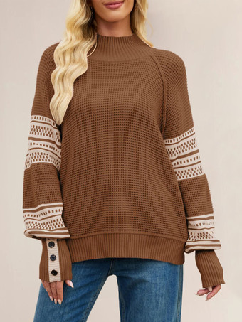 モックネックニットセーター ストライププリント 袖ボタン レディース 2025