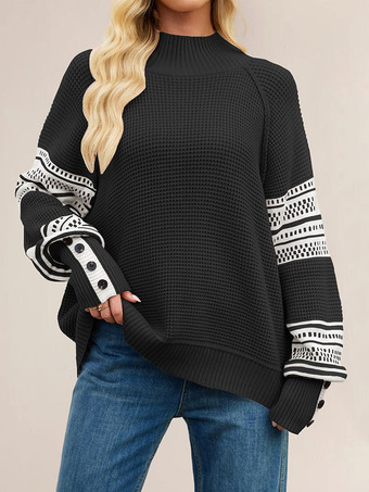 ブラック モックネックニットセーター ストライププリント 袖ボタン レディース 2025