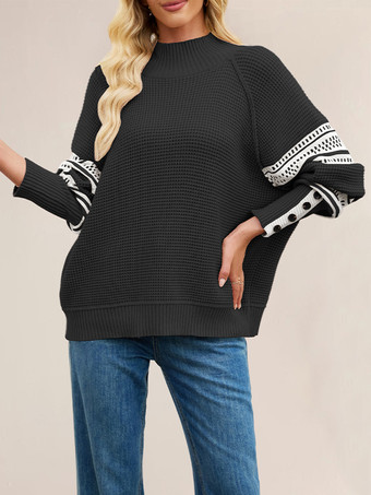 モックネックニットセーター ストライププリント 袖ボタン レディース 2025