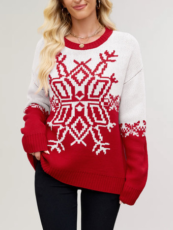 スノーフレークプリントのクリスマスセーター（レッド＆ホワイト）レディースニットプルオーバー（2025年）