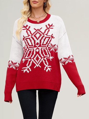 スノーフレークプリントのクリスマスセーター（レッド＆ホワイト）レディースニットプルオーバー（2025年）