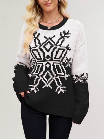 ブラック スノーフレークプリントのクリスマスセーター（レッド＆ホワイト）レディースニットプルオーバー（2025年）