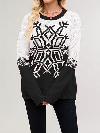 スノーフレークプリントのクリスマスセーター（レッド＆ホワイト）レディースニットプルオーバー（2025年）