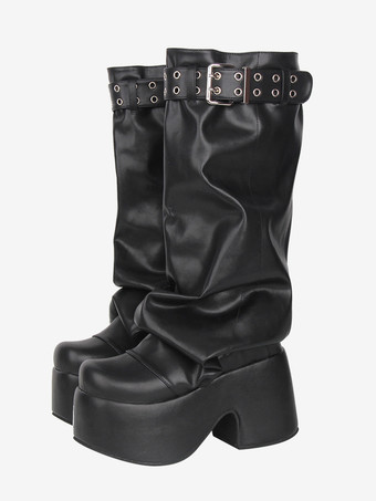 Nero Stivali Gothic Lolita neri in PU con punta rotonda in PU e tacco spesso in pelle Lolita