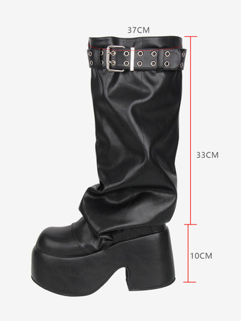 Stivali Gothic Lolita neri in PU con punta rotonda in PU e tacco spesso in pelle Lolita