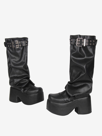 Stivali Gothic Lolita neri in PU con punta rotonda in PU e tacco spesso in pelle Lolita